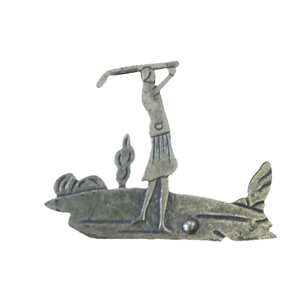 Vintage Brass Golf Pin Brooch Lady Golfer Jewelry Club Ball Swing